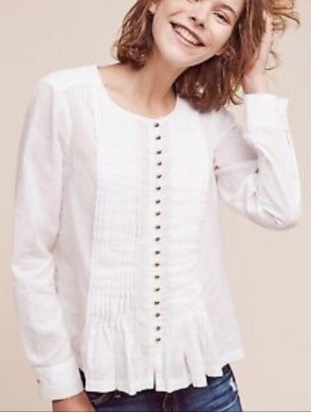 Anthropologie Maeve | Cream Pleated Button-Front Blouse size MP